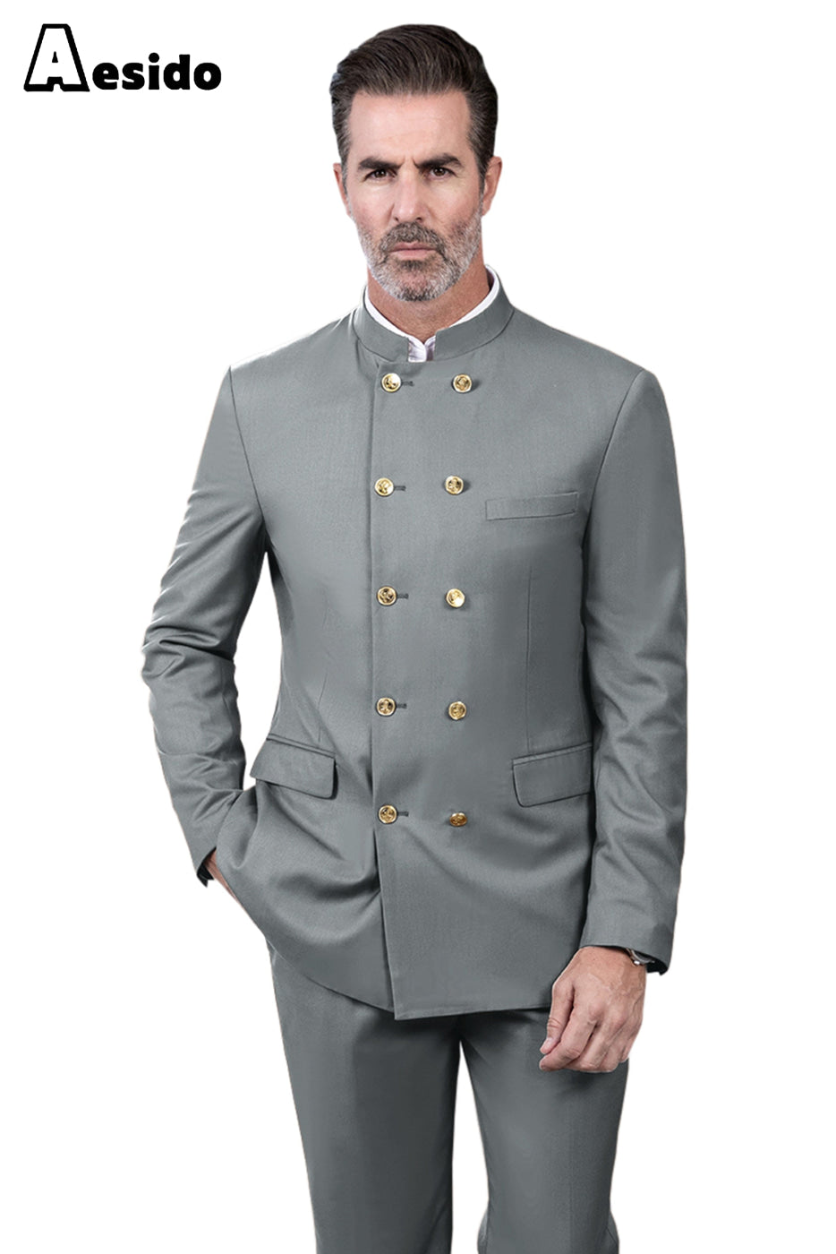 aesido 2 Piece Double Breasted Stand Lapel Men's Suit