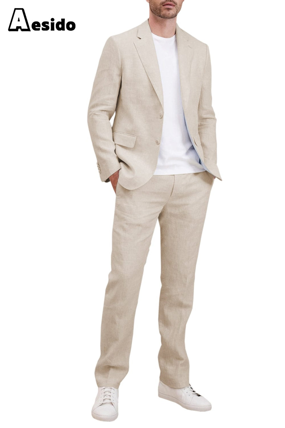 aesido 2 Piece Linen Peak Lapel Men's Suit (Blazer+Pants)