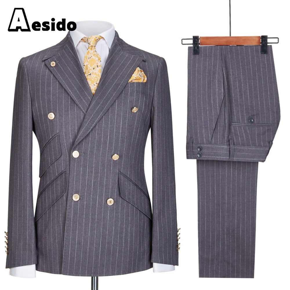 aesido 2 Pieces Double Breasted Peak Lapel Men Suit (Blazer+Pants)