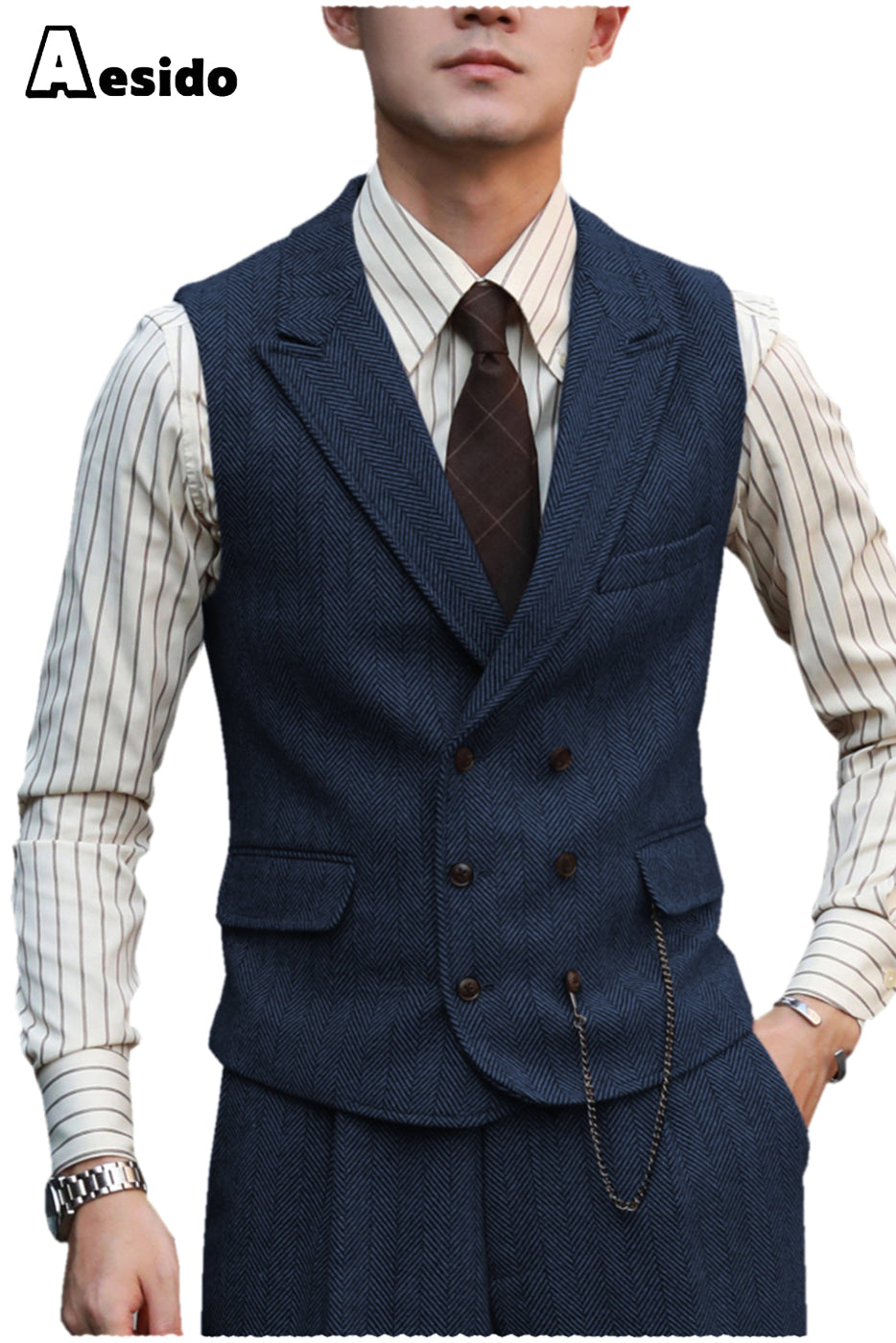 aesido 2 Pieces Double Breasted Peak Lapel Waistcoat （Vest+Pants）