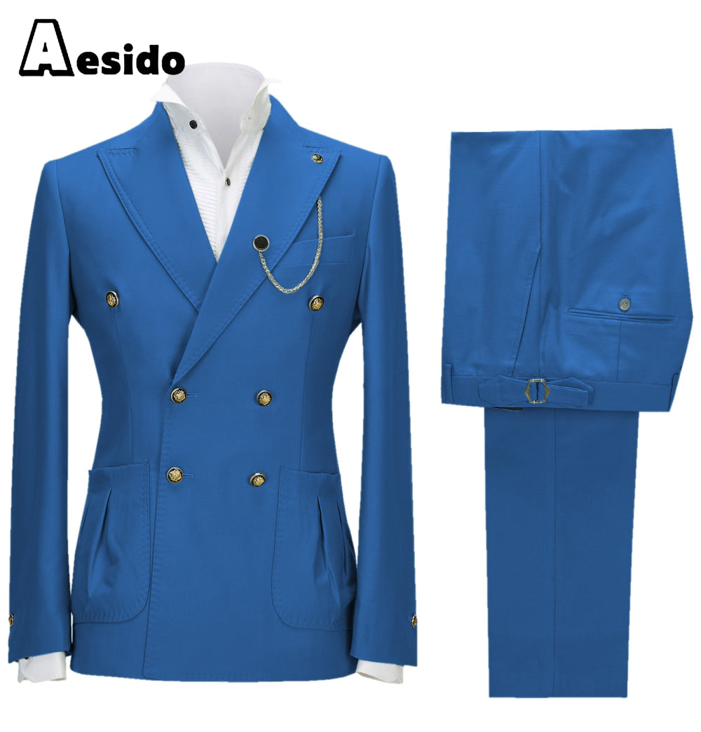 aesido 2 Pieces Double Button Peak Lapel Men Suit（BLazer+Pants）