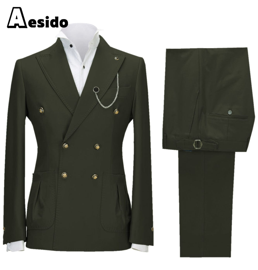 aesido 2 Pieces Double Button Peak Lapel Men Suit（BLazer+Pants）