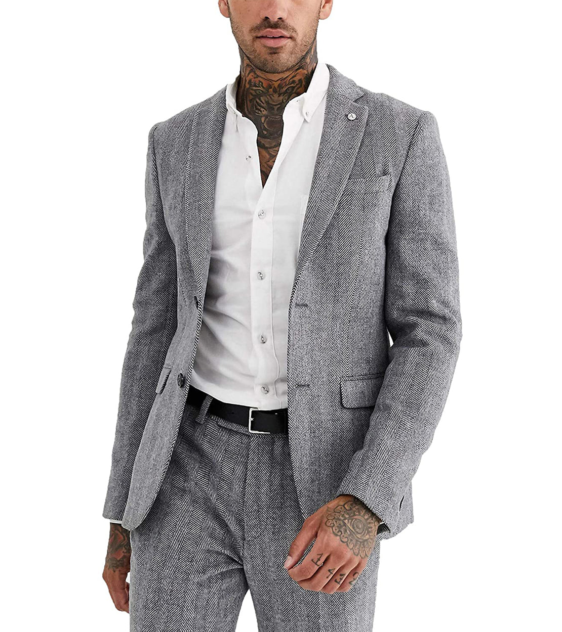 aesido 2 Pieces Mens Suit Herringbone Notch Lapel Blazer For Wedding (Blazer+Pants)