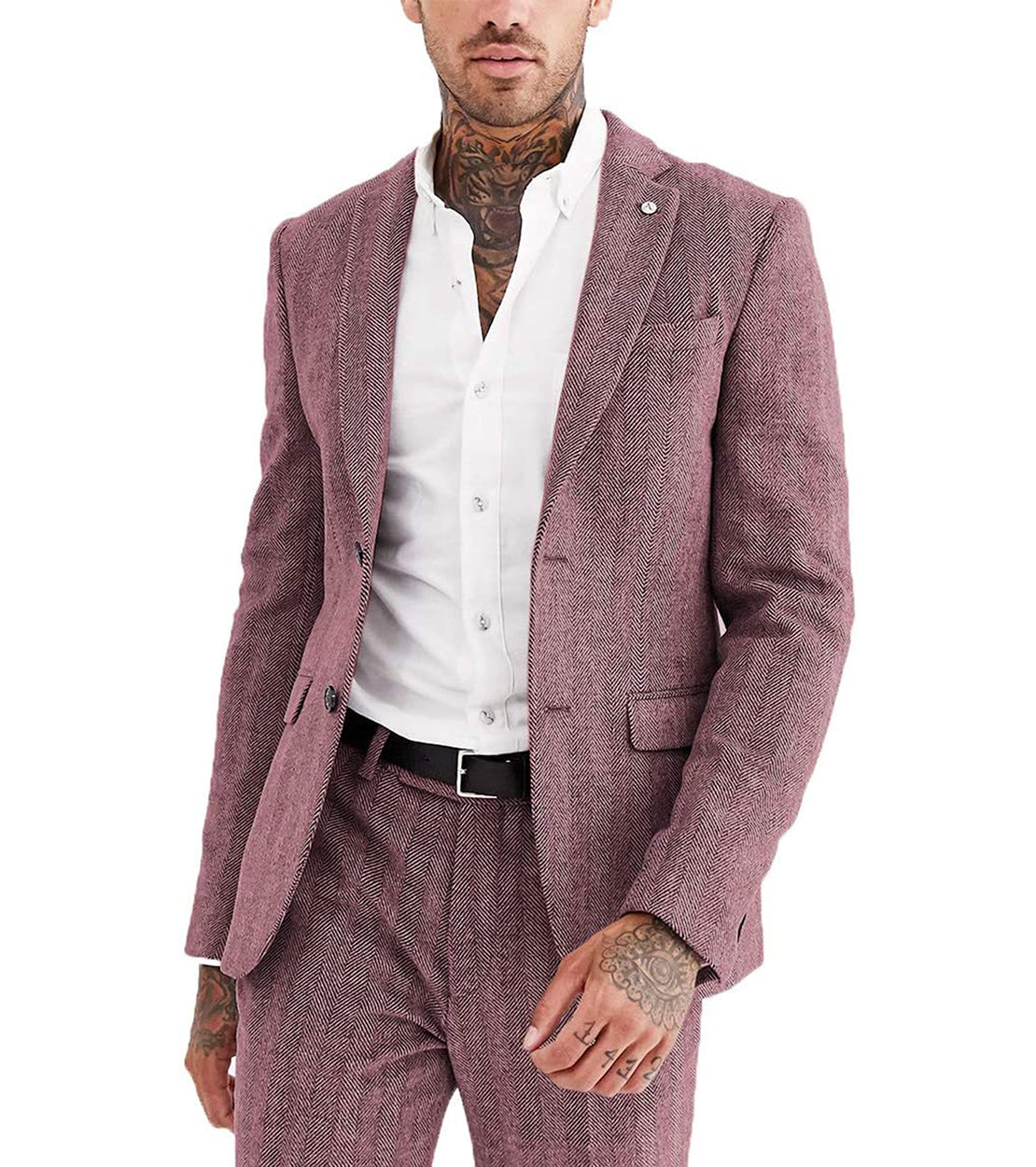 aesido 2 Pieces Mens Suit Herringbone Notch Lapel Blazer For Wedding (Blazer+Pants)