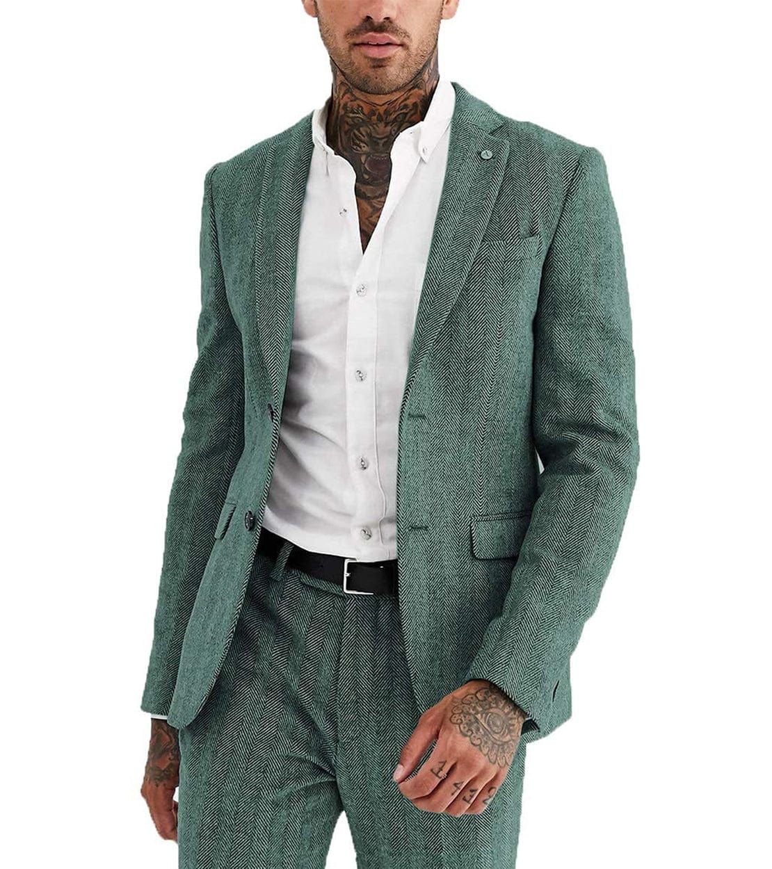 aesido 2 Pieces Mens Suit Herringbone Notch Lapel Blazer For Wedding (Blazer+Pants)