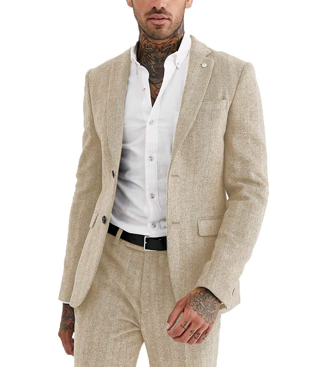 aesido 2 Pieces Mens Suit Herringbone Notch Lapel Blazer For Wedding (Blazer+Pants)