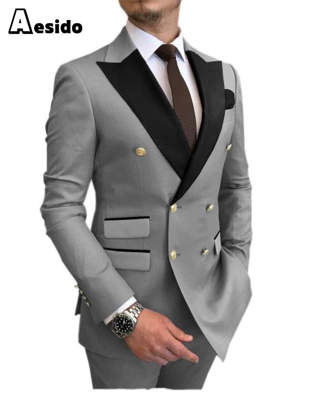 aesido 2 Pieces Mens Suit Slim Fit Peak Lapel Flat Blazer For Wedding (Blazer+Pants)