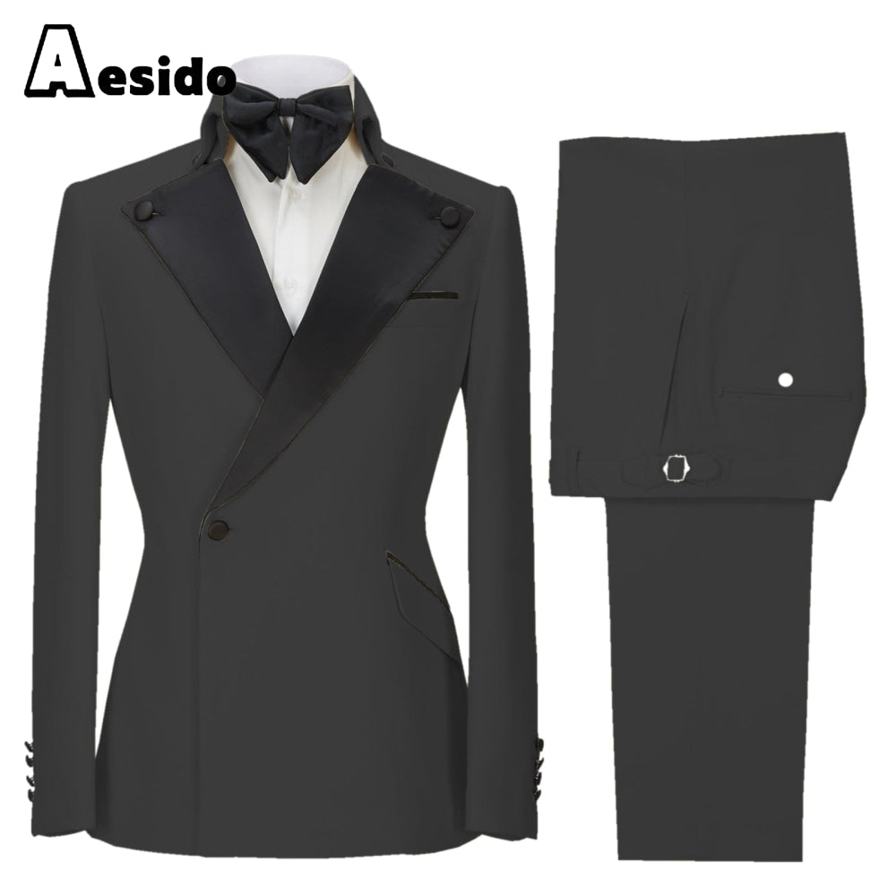 aesido 2 Pieces Single Button Peak Lapel Men Suit (Blazer+Pants)