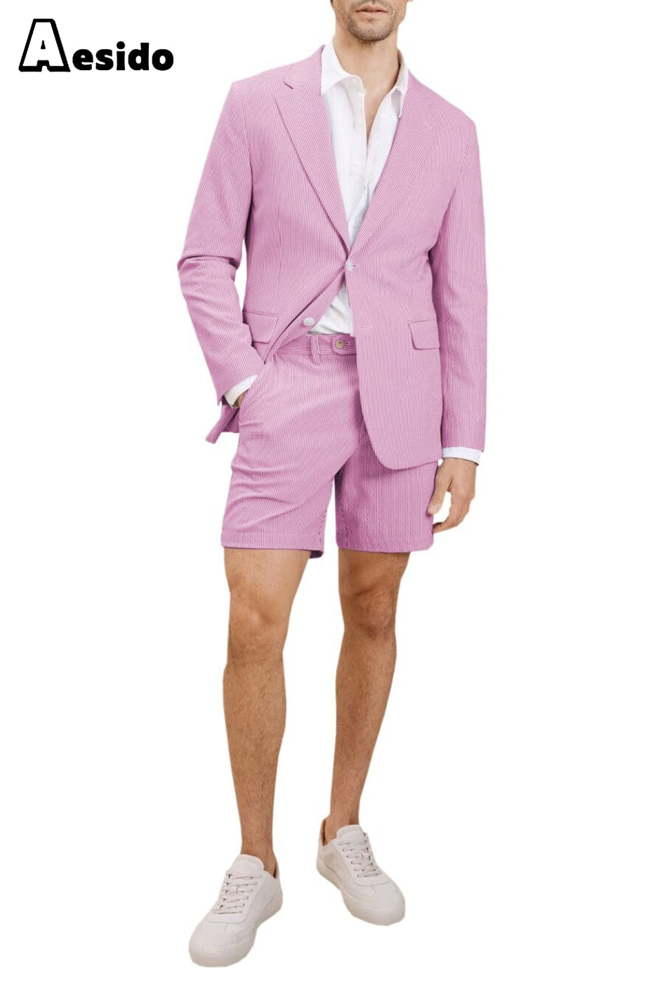 aesido 2024 New Summer Seersucker Casual Men's Suit (Blazer+Shorts)