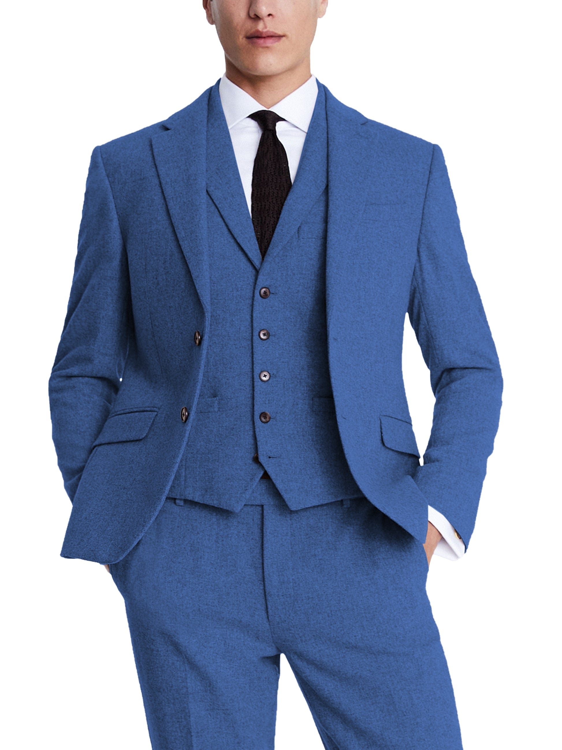 aesido 3 Piece Business Casual Double Button Notch Lapel Tweed Men Suit (Blazer+Vest+Pants)