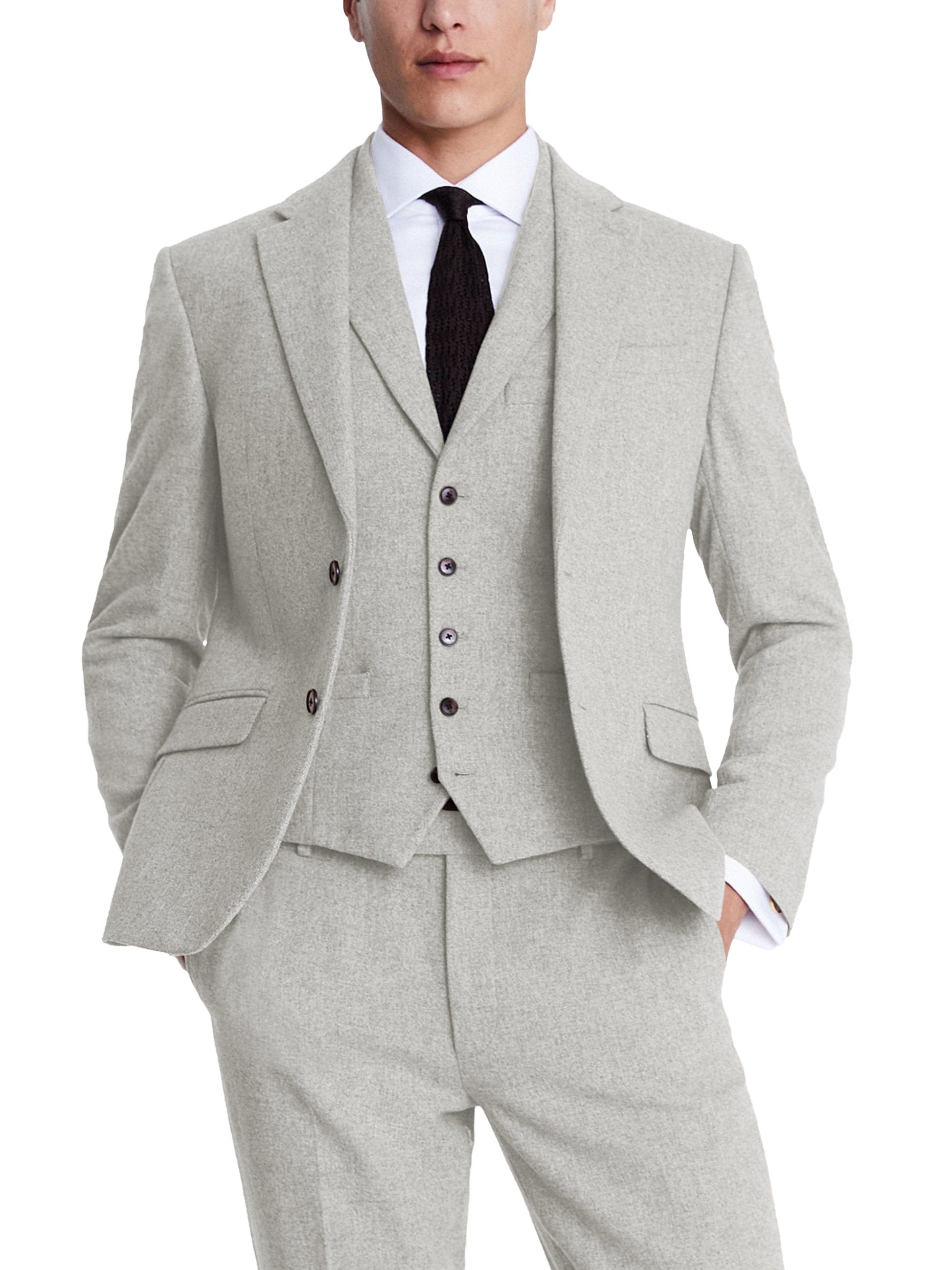 aesido 3 Piece Business Casual Double Button Notch Lapel Tweed Men Suit (Blazer+Vest+Pants)