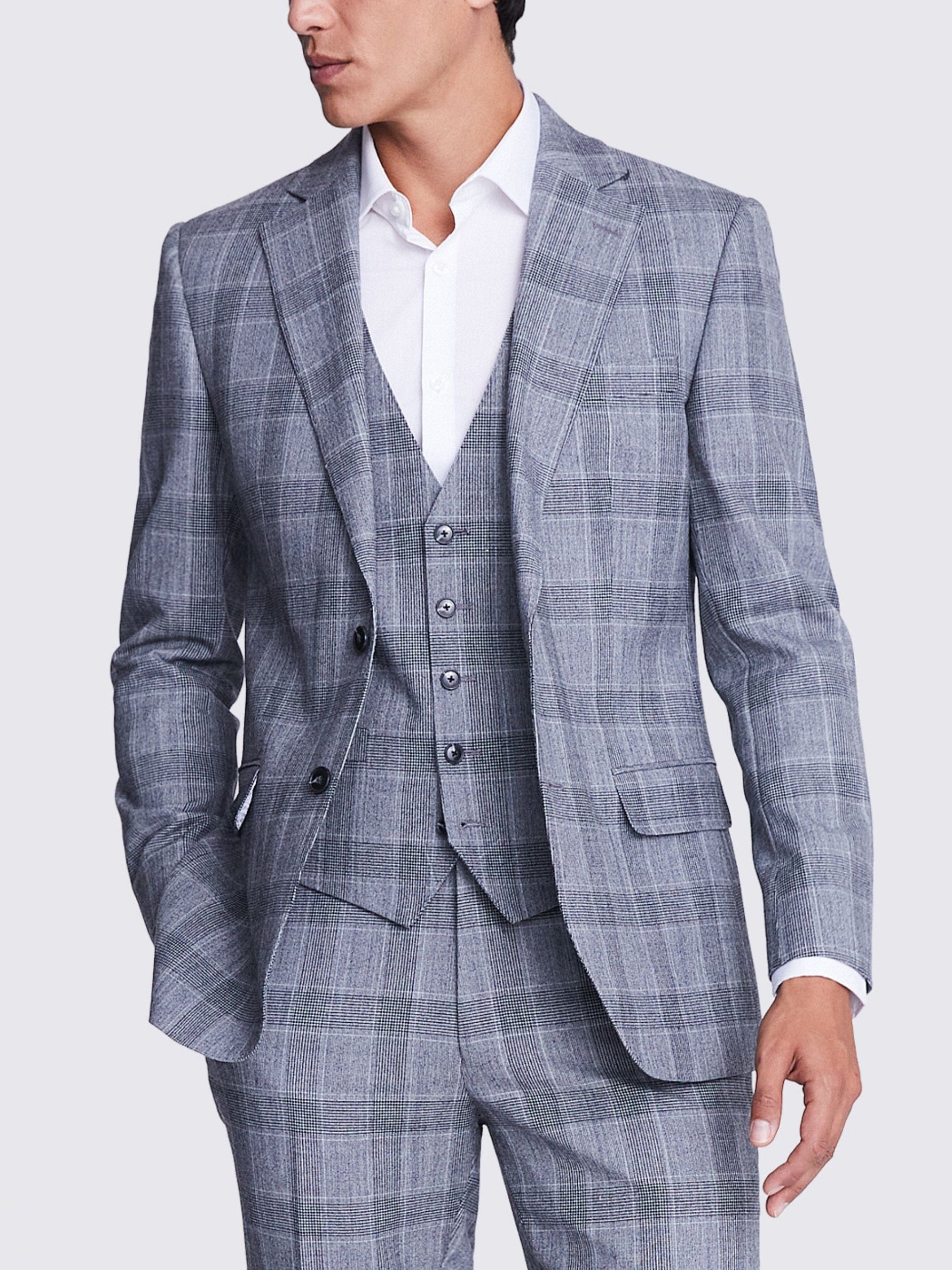 aesido 3 Piece Business Casual Double Buttons Notch Lapel Light Grey Plaid Men's Suit