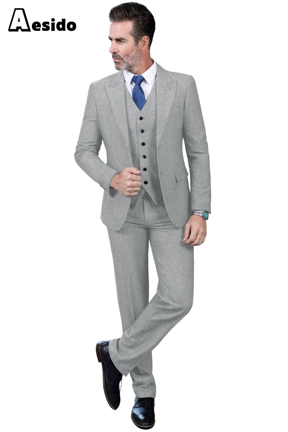 aesido 3 Piece Business Peak Lapel Men's Suit (Blazer+Vest+Pants)