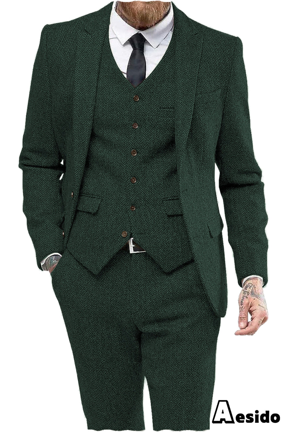 aesido 3 Piece Notch Lapel Men Suit (Blazer+Vest+Pants)