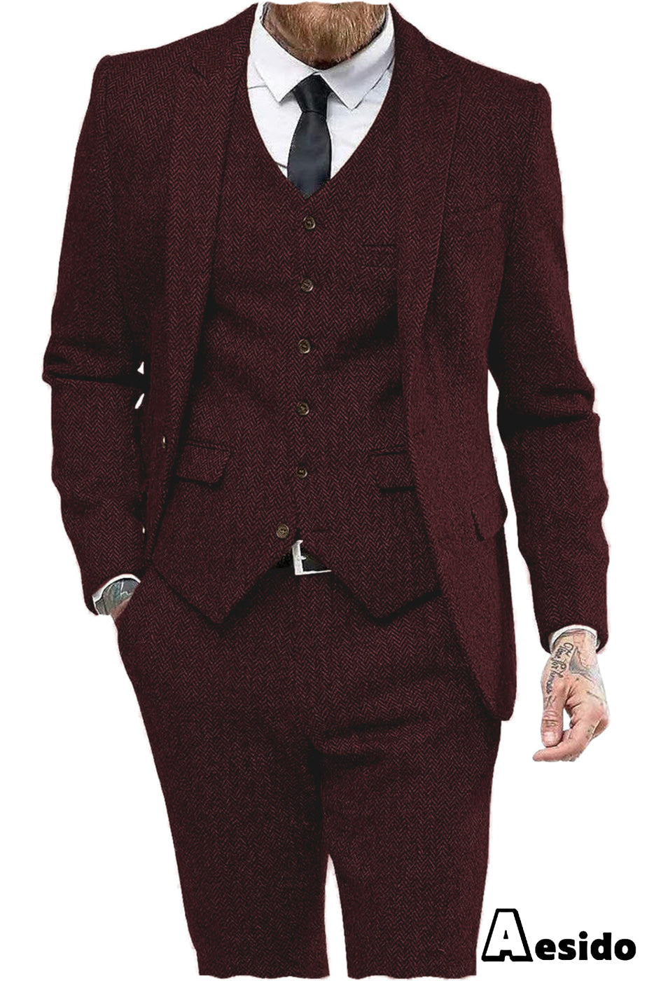 aesido 3 Piece Notch Lapel Men Suit (Blazer+Vest+Pants)