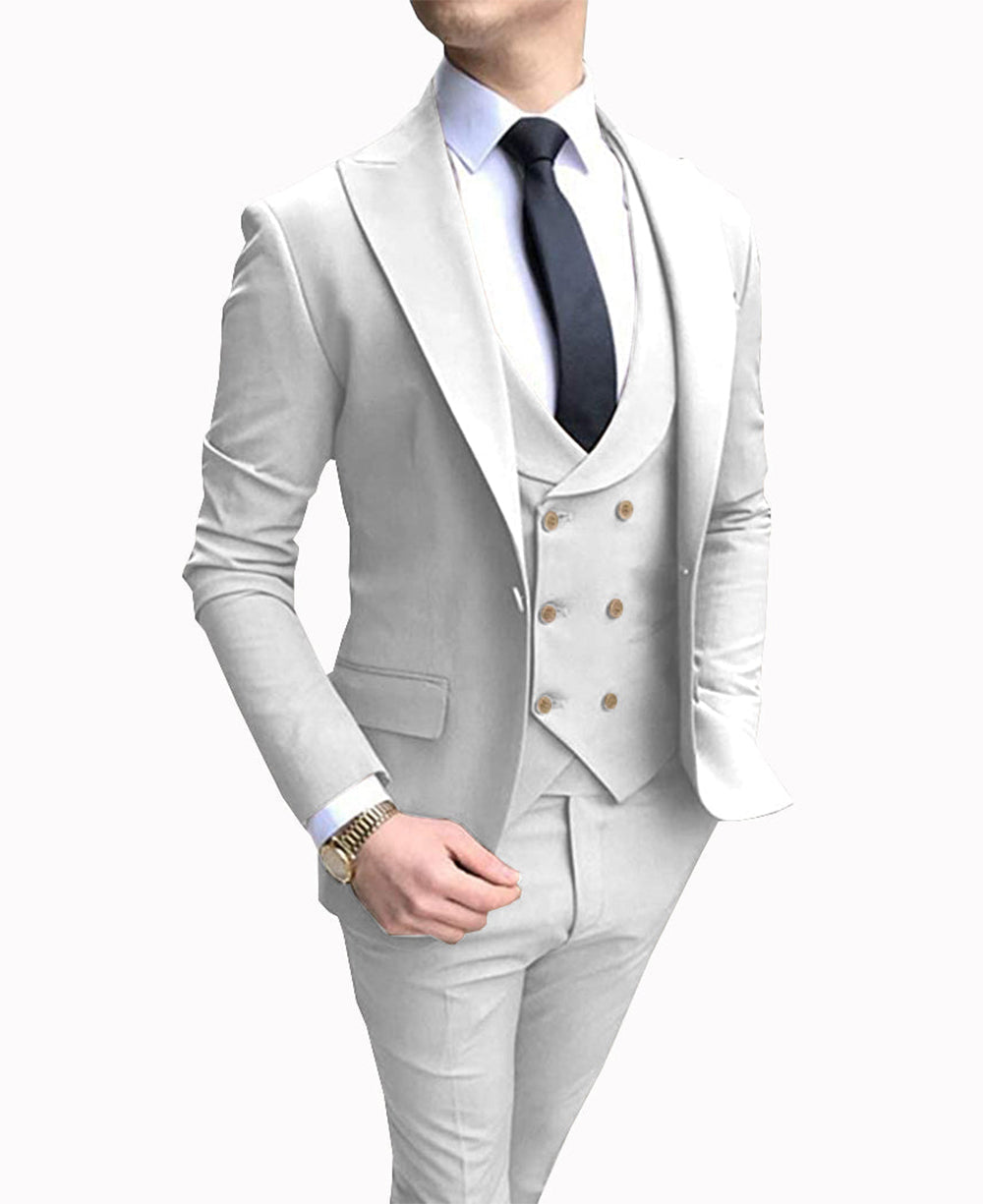 aesido 3 Pieces Business Mens Suit Regular Fit Peak Lapel Flat Blazer For Wedding (Blazer+vest+Pants)