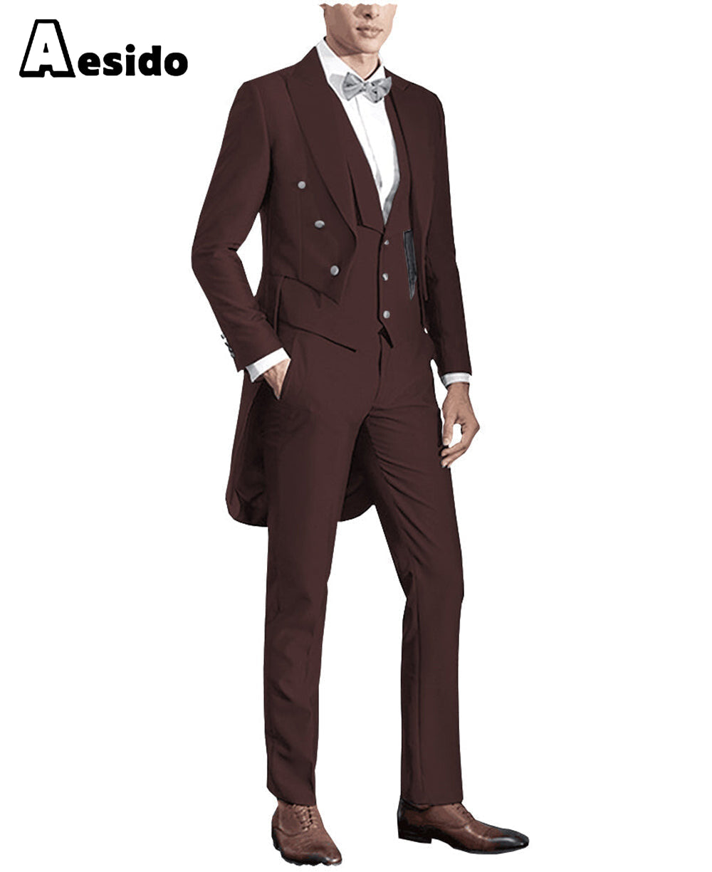 aesido 3 Pieces Business Mens Suit Regular Fit Peak Lapel Tailcoat Blazer For Wedding (Blazer+vest+Pants)