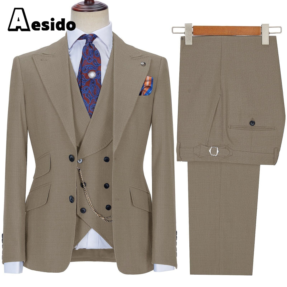 aesido 3 Pieces Business Mens Suit Slim Fit Peak Lapel Flat Blazer For Wedding (Blazer+vest+Pants)