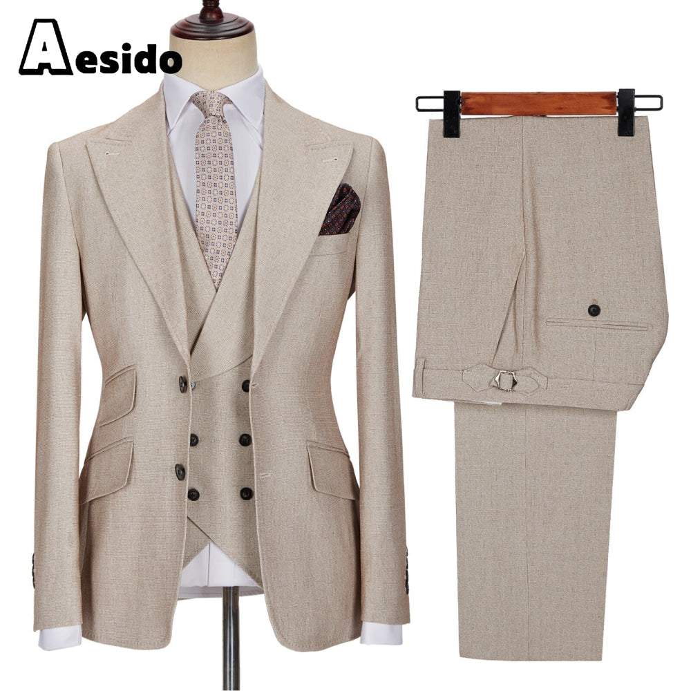 aesido 3 Pieces Business Mens Suit Slim Fit Peak Lapel Flat Blazer For Wedding (Blazer+vest+Pants)