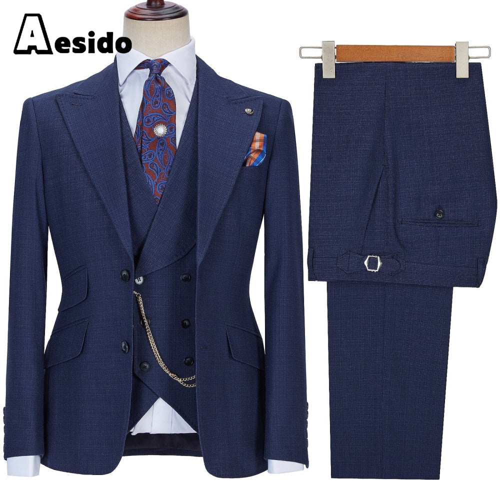 aesido 3 Pieces Business Mens Suit Slim Fit Peak Lapel Flat Blazer For Wedding (Blazer+vest+Pants)