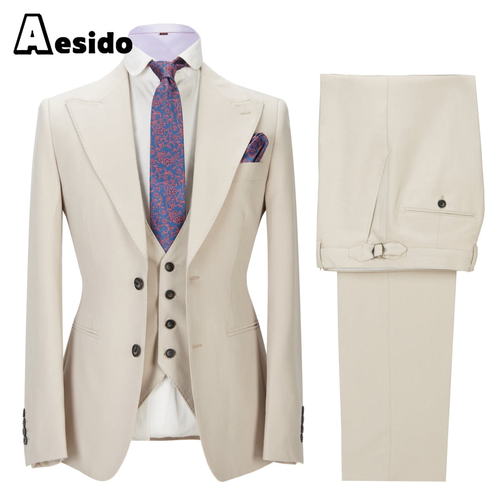 aesido 3 Pieces Business Mens Suit Slim Fit Peak Lapel Flat Blazer For Wedding (Blazer+vest+Pants)