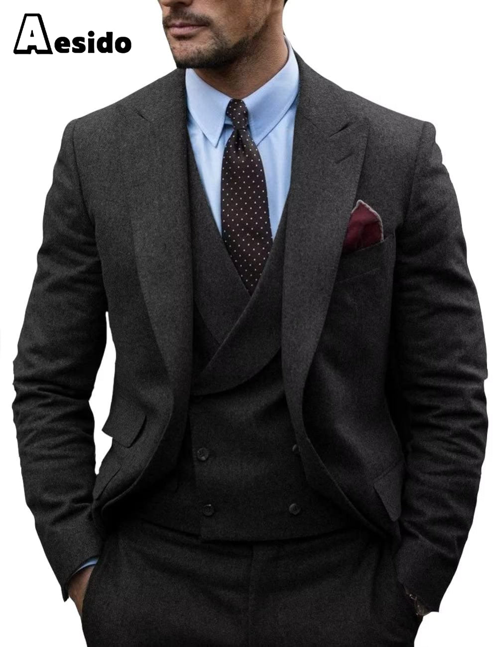 aesido 3 Pieces Mens Herringbone Suit For Wedding (Blazer+Vest+Pants)