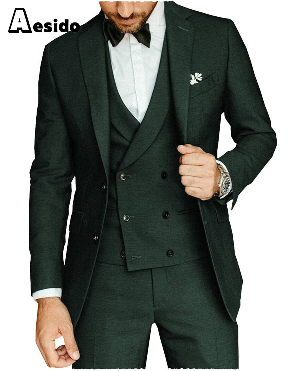 aesido 3 Pieces Mens Suit Flat Notch Lapel Blazer For Wedding (Blazer+vest+Pants)