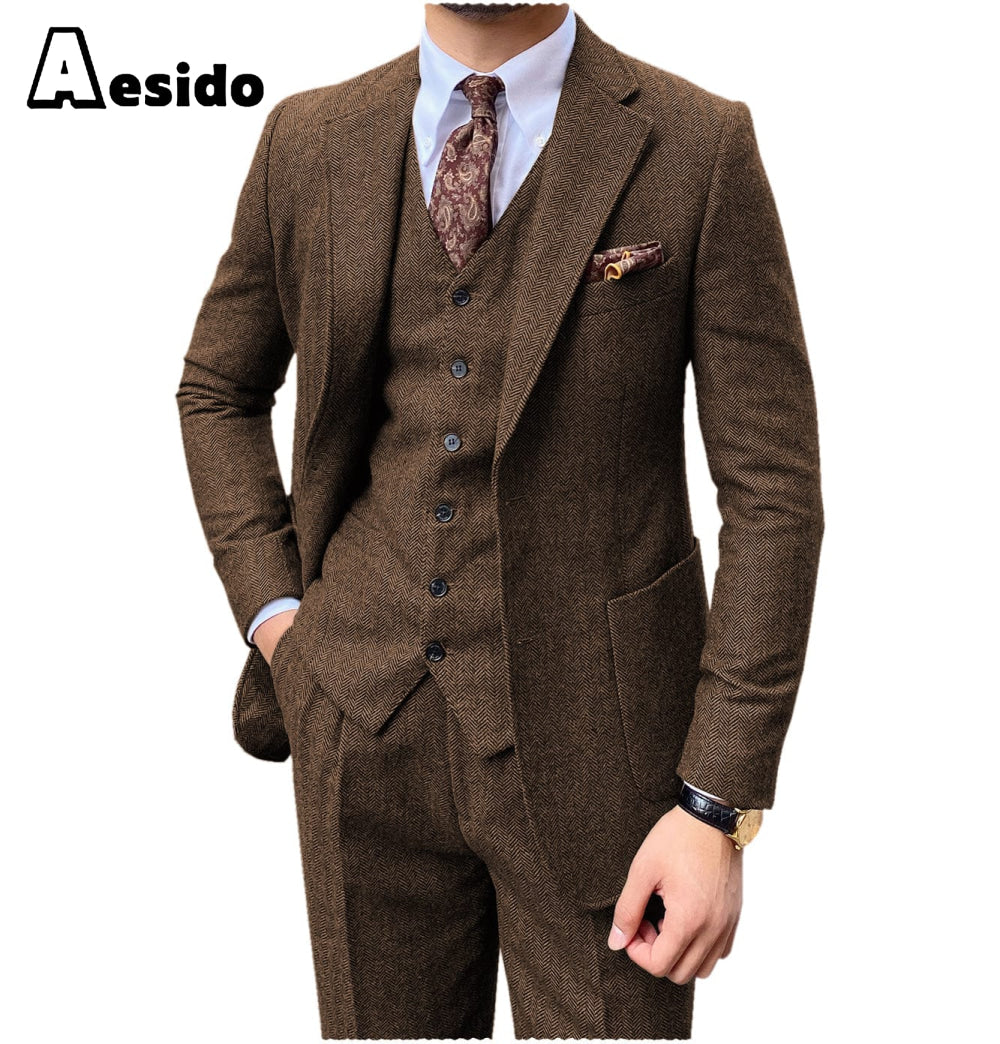 aesido 3 Pieces Peack Lapel Men Suit (Blazer+Vest+Pants)