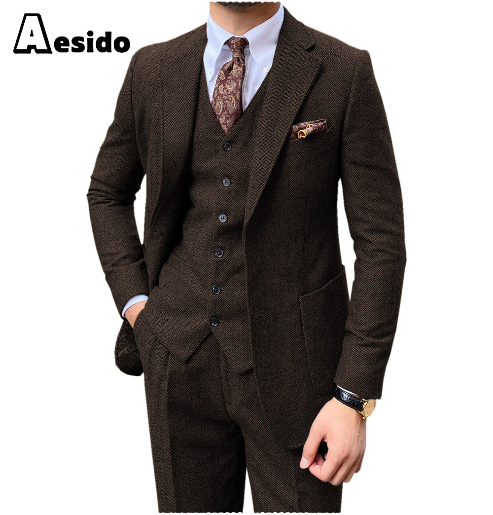 aesido 3 Pieces Peack Lapel Men Suit (Blazer+Vest+Pants)