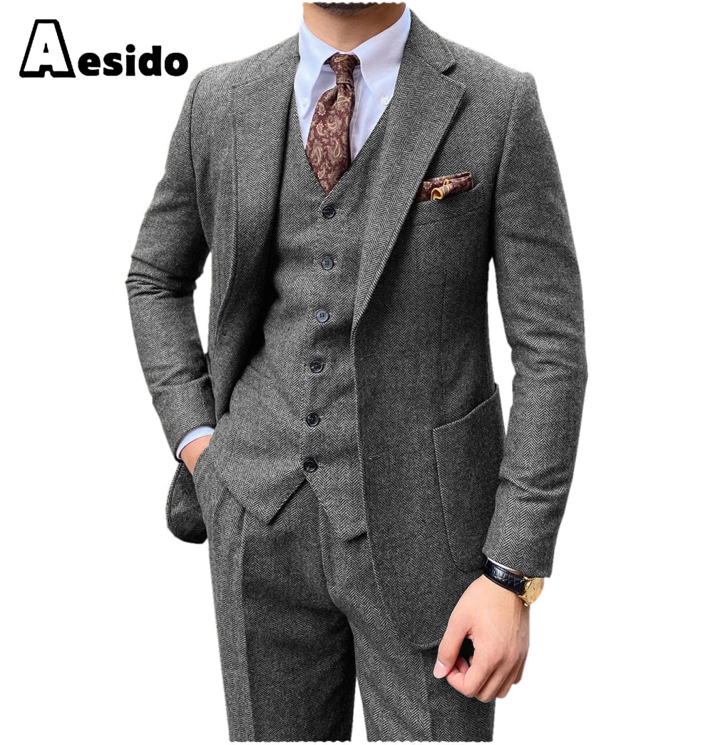 aesido 3 Pieces Peack Lapel Men Suit (Blazer+Vest+Pants)