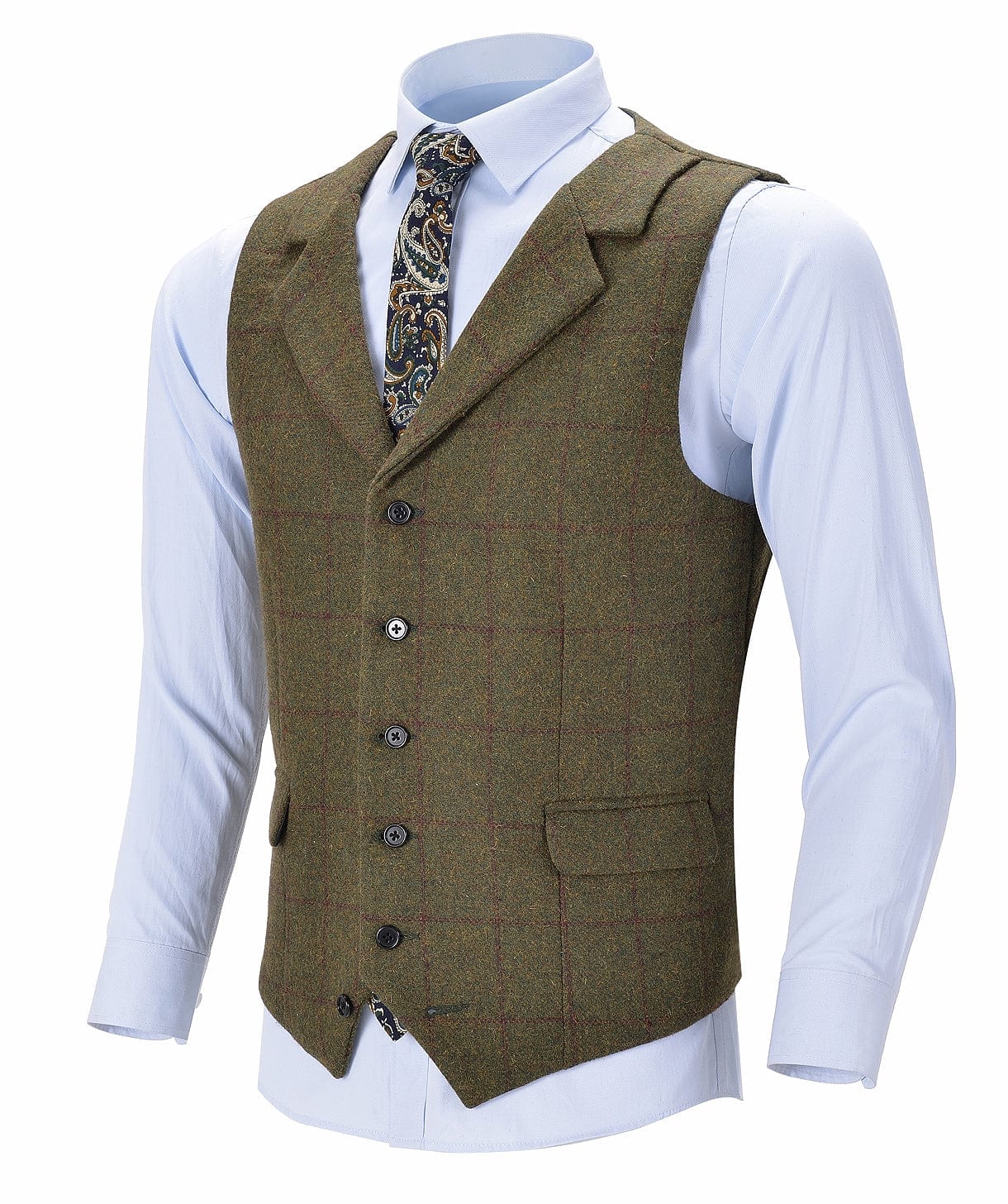 aesido Army Green Formal Plaid Notch Lapel Waistcoat Slim Fit Suit Vest