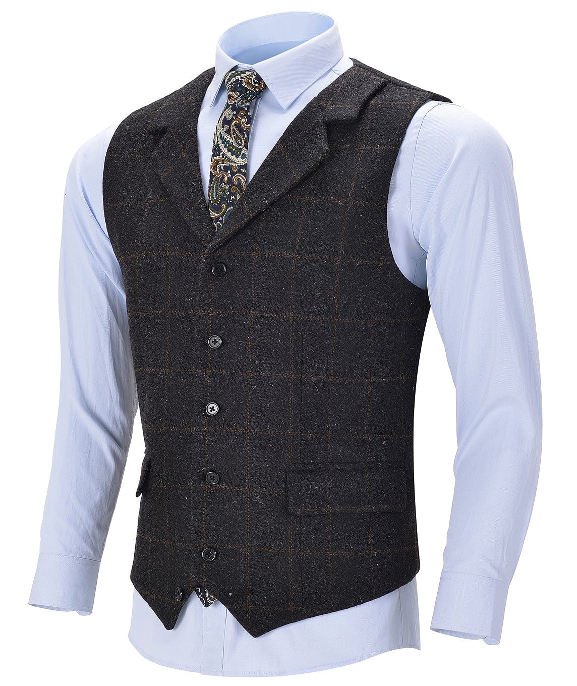 aesido Black Formal Plaid Notch Lapel Waistcoat Slim Fit Suit Vest