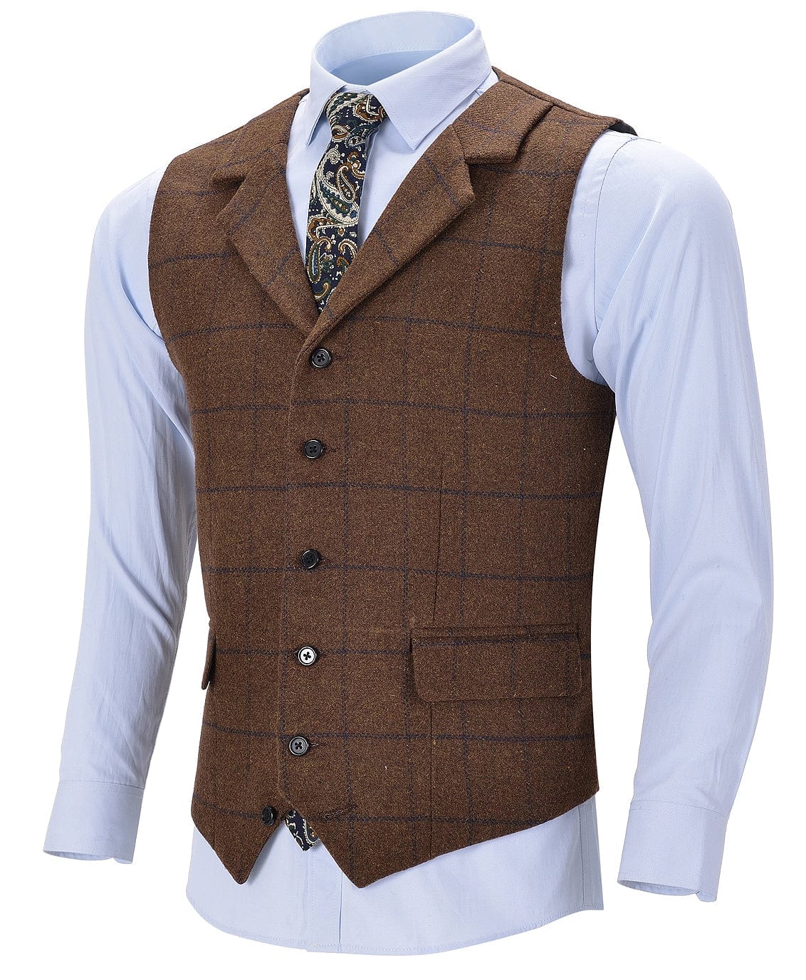 aesido Brown Formal Plaid Notch Lapel Waistcoat Slim Fit Suit Vest