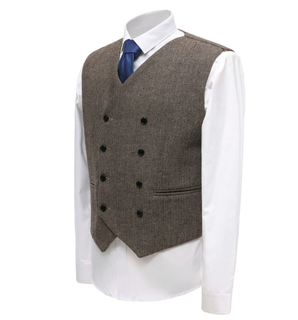 aesido Brown Leisure Men's Suit Vest Herringbone V Neck Waistcoat