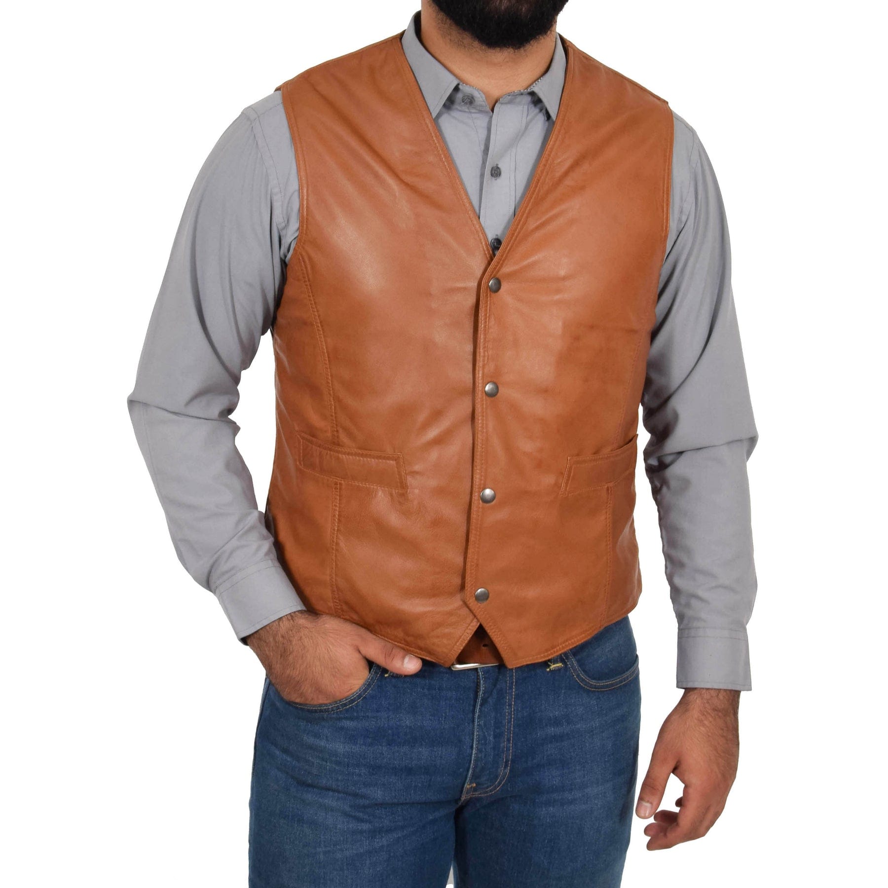 aesido Brown Men's Single Breasted V Neck Leather Vest