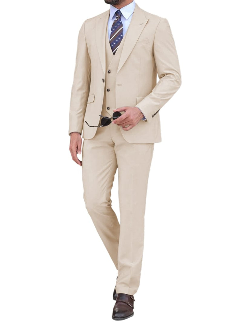 aesido Business Casual 3 Piece Beige Peak Lapel Men's Suit (Blazer+Vest+Pants)