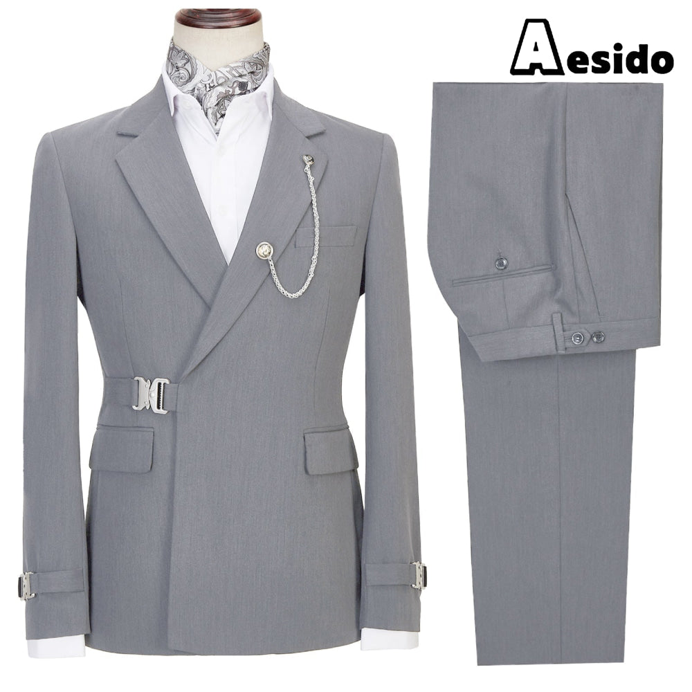 aesido Business Men's Suit 2 Pieces Notch Lapel Flat Blazer (Blazer + Pants)