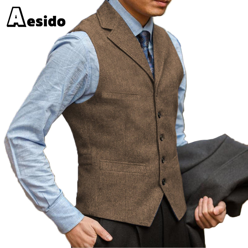 aesido Business Men's Suit Vest Herringbone Notch Lapel Waistcoat