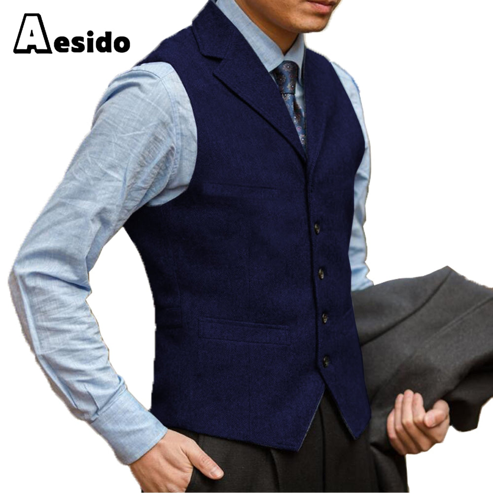 aesido Business Men's Suit Vest Herringbone Notch Lapel Waistcoat