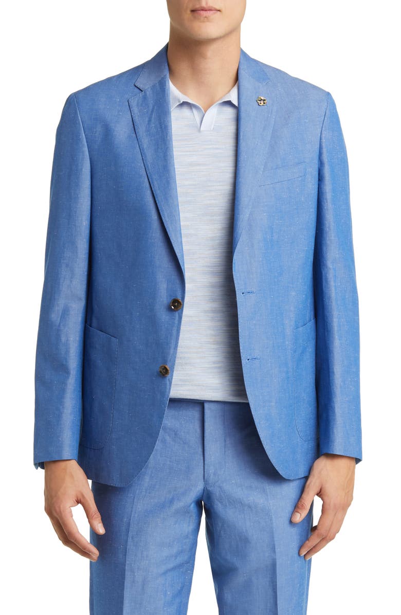 aesido Casual 2 Piece Blue Linen Double Button Men's Suit (Blazer+Pants）