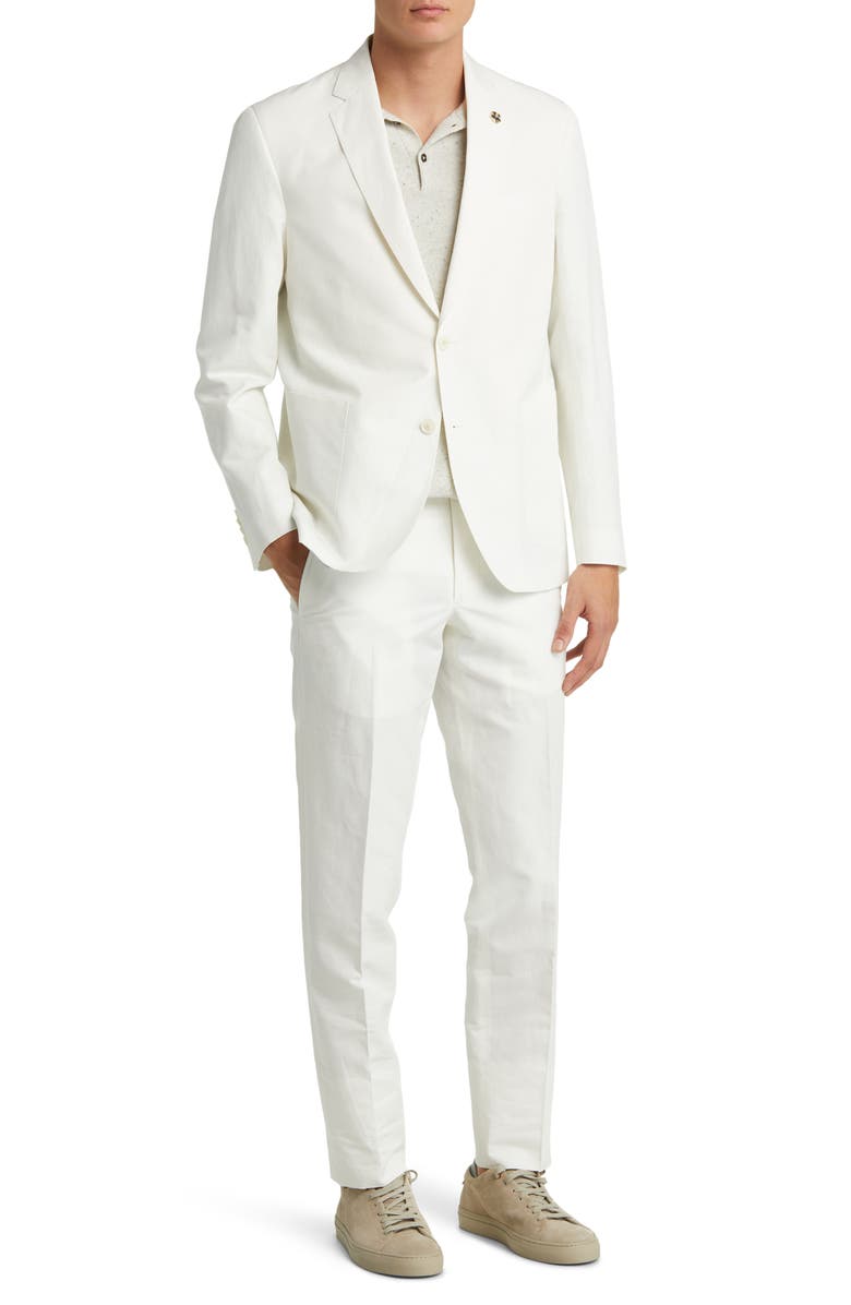 aesido Casual 2 Piece White Linen Double Button Men's Suit (Blazer+Pants）