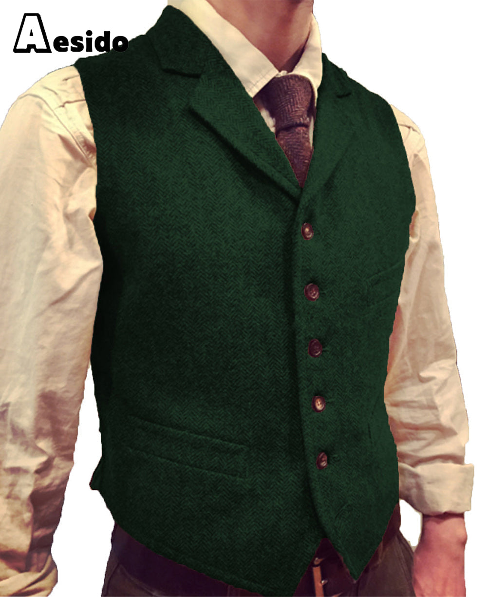 aesido Casual Men's Suit Vest Herringbone Notch Lapel Waistcoat