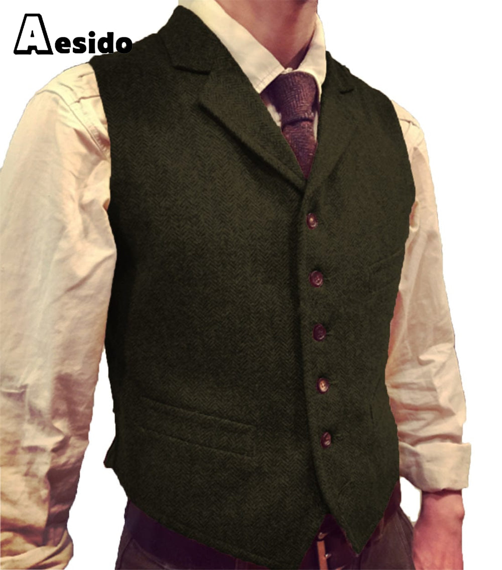 aesido Casual Men's Suit Vest Herringbone Notch Lapel Waistcoat