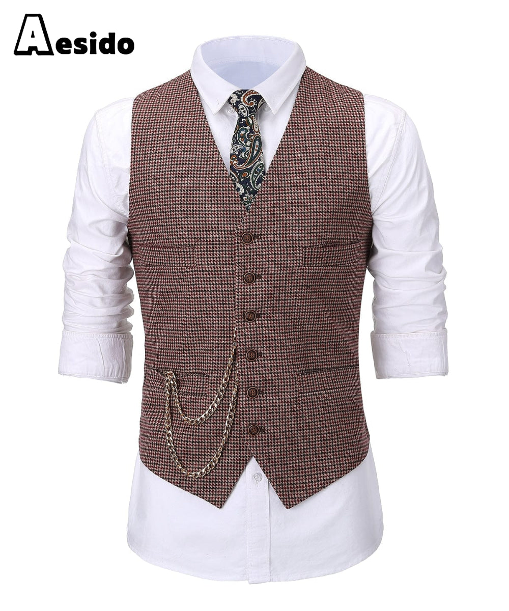 aesido Casual Men's Suit Vest Houndstooth Notch Lapel Waistcoat