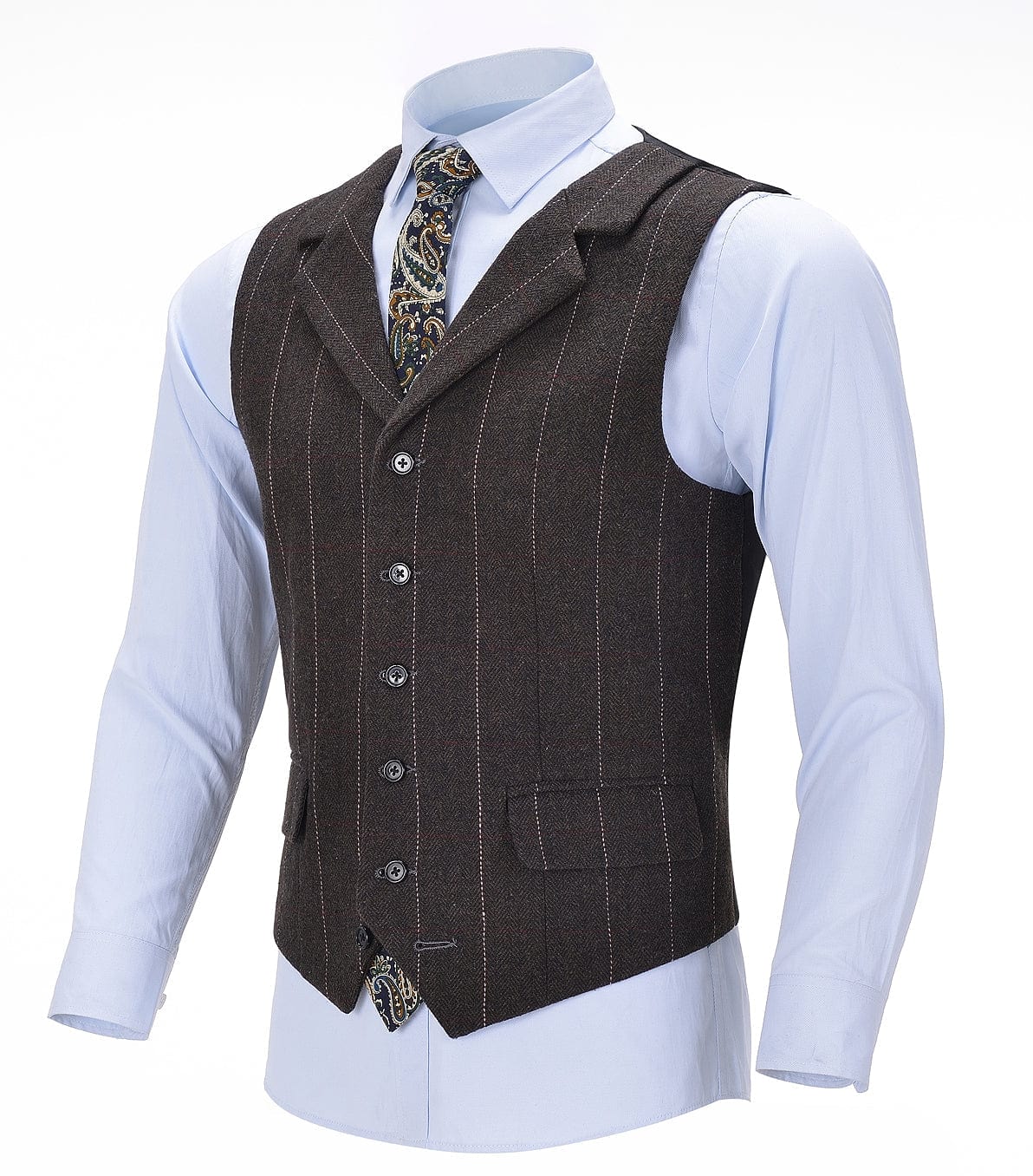 aesido Coffee Casual Men's Suit Vest Plaid Notch Lapel Waistcoat