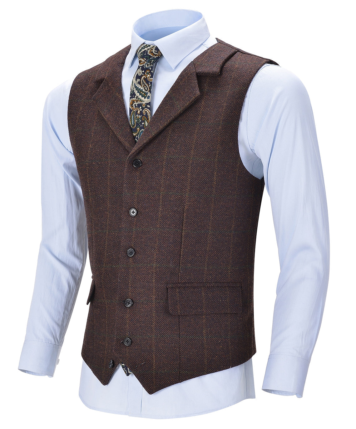 aesido Coffee Formal Plaid Notch Lapel Waistcoat Slim Fit Suit Vest