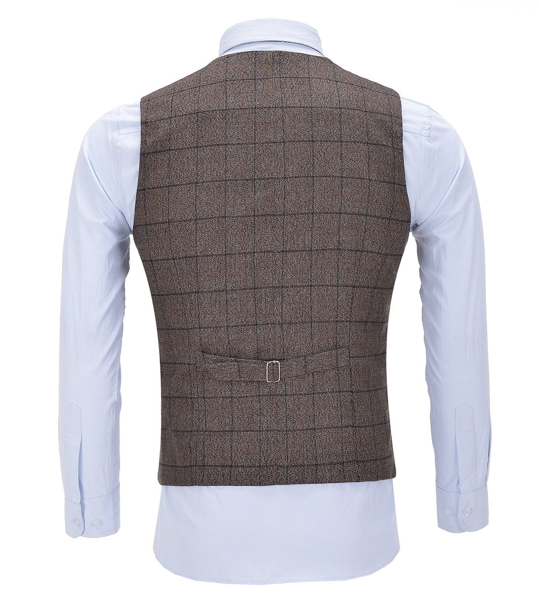 aesido Coffee Formal Suit Vest Plaid V Neck Waistcoat