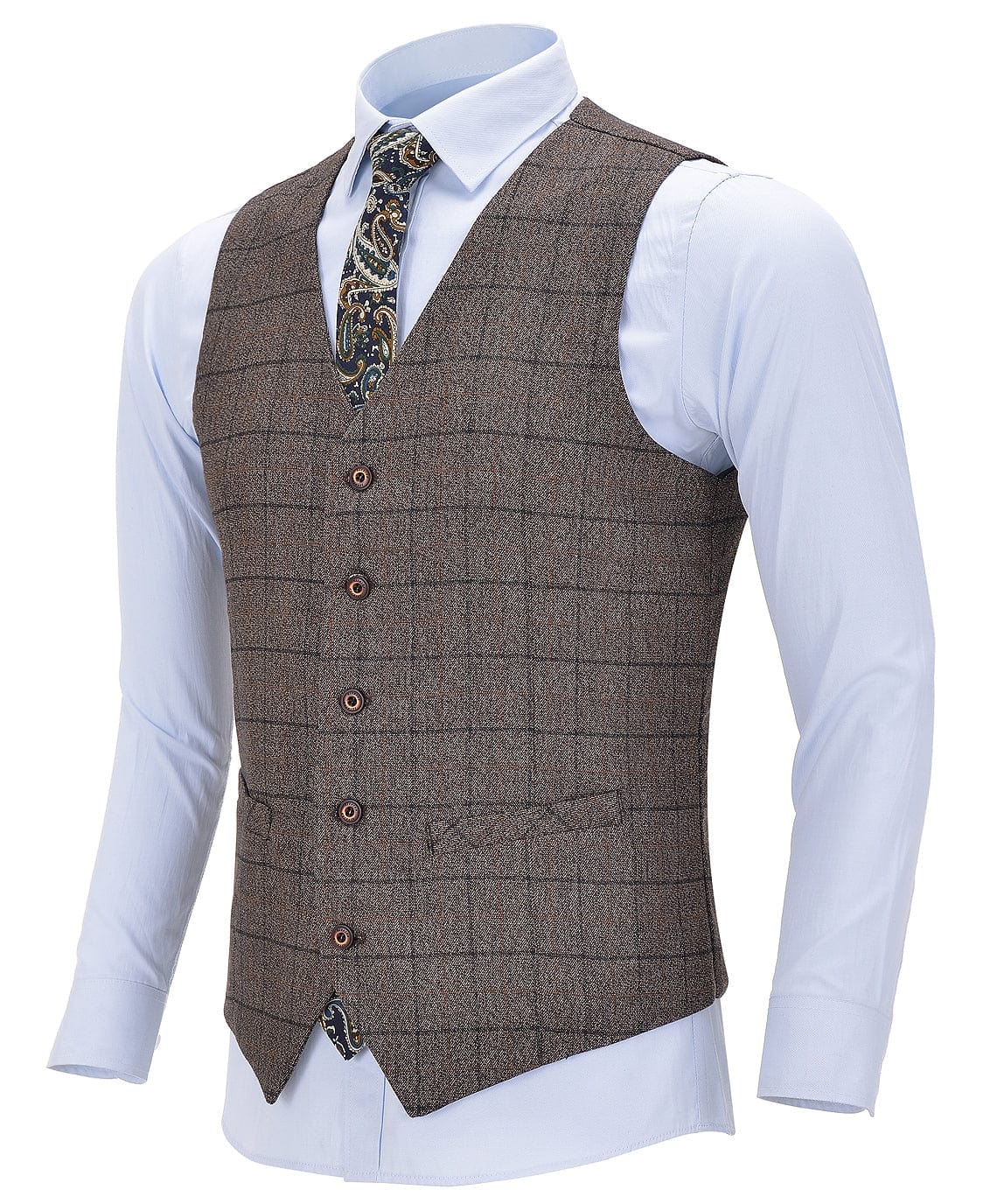 aesido Coffee Formal Suit Vest Plaid V Neck Waistcoat