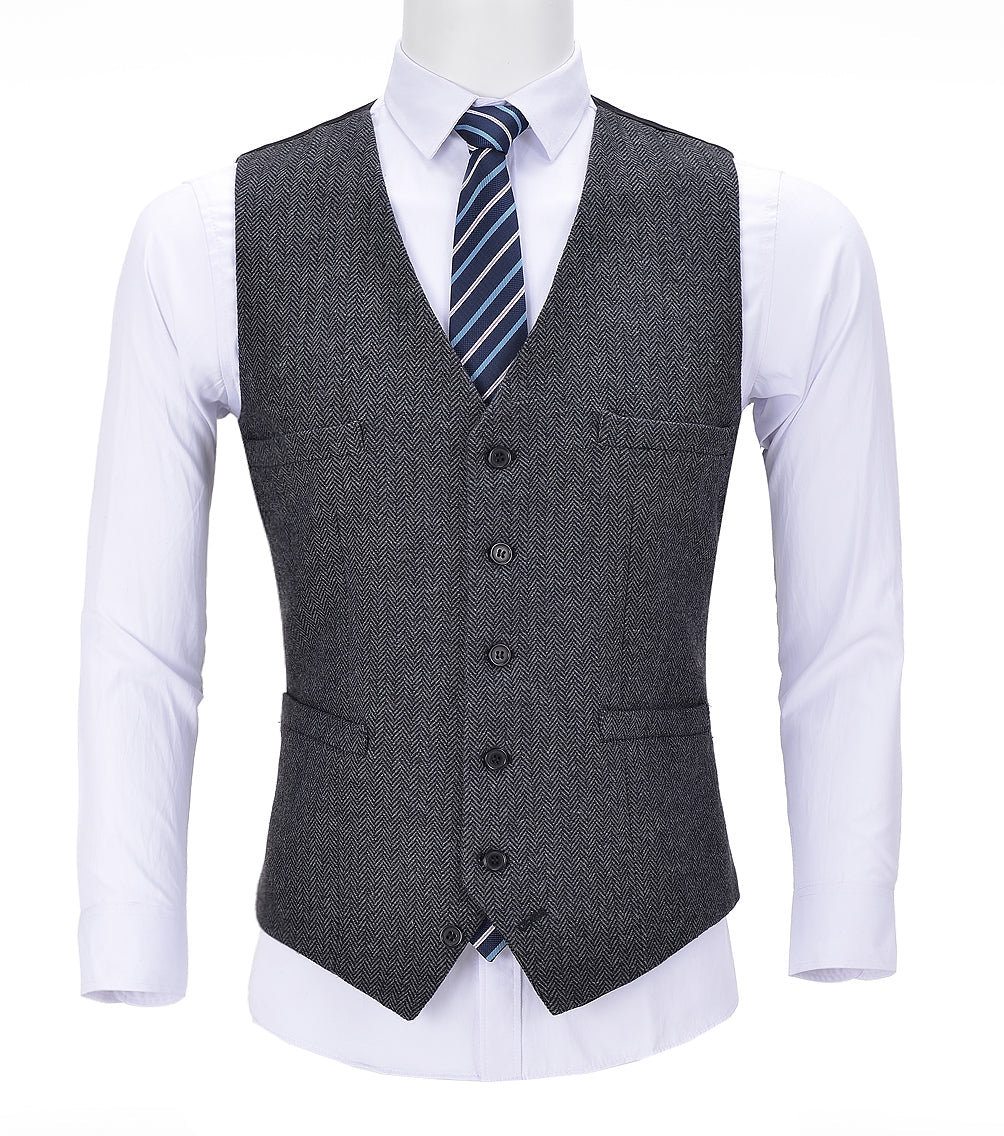 aesido Dark Grey Herringbone V Neck Waistcoat