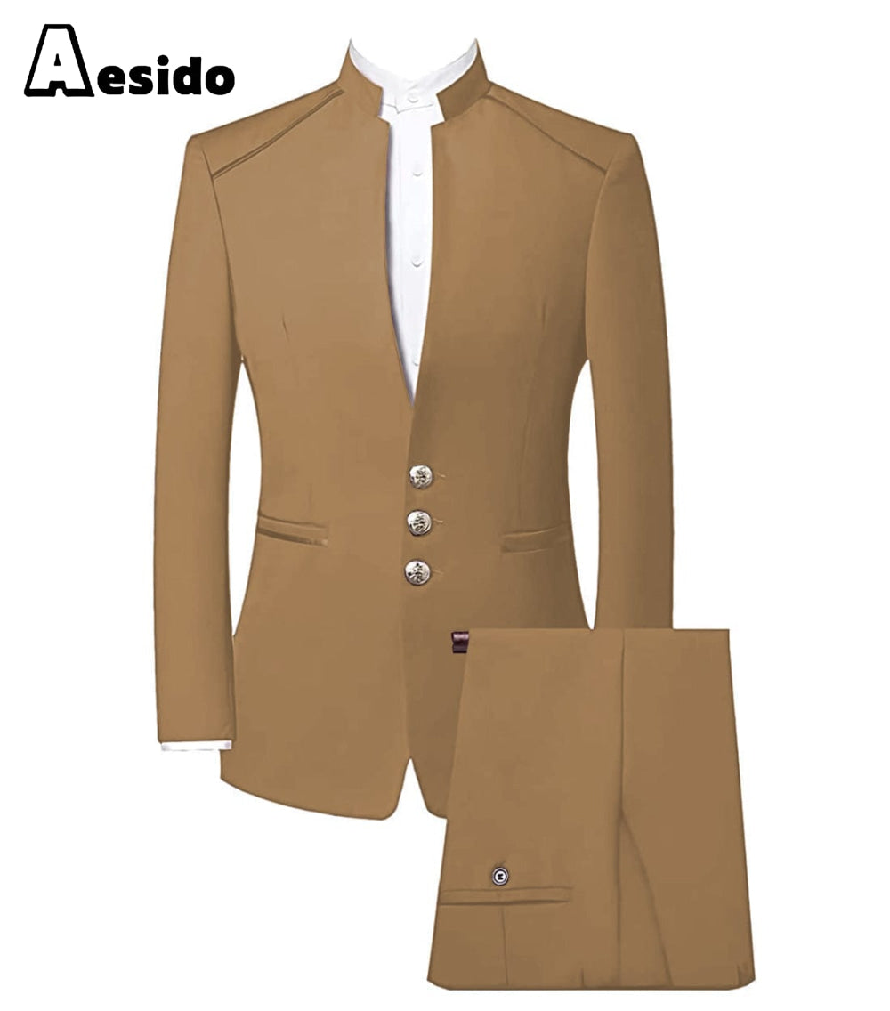 aesido Fashion stand collar men's two piece suit/China Costume (Blazer + Pants)